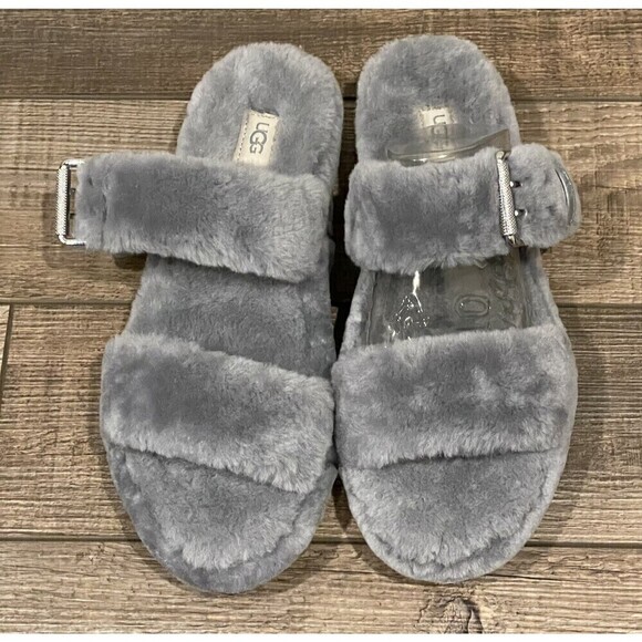 UGG Fuzz Yeah Womens Gray Sheepskin Platform Slides Slippers 1104662 Sz 10 NWOB - Picture 2 of 16